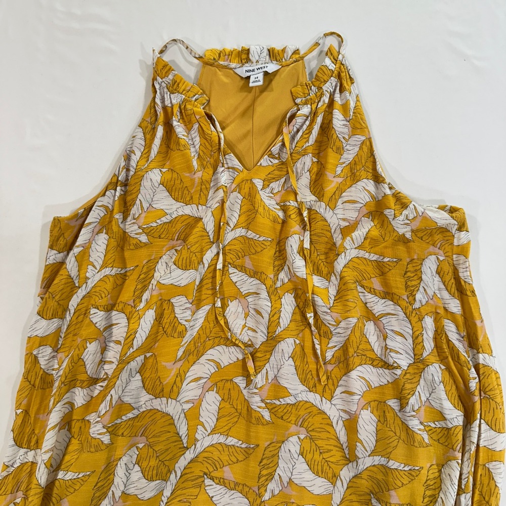 Nine West Halter Maxi Dress Womens M Yellow Tropical Leaf‎ Tiered Ruffle Boho